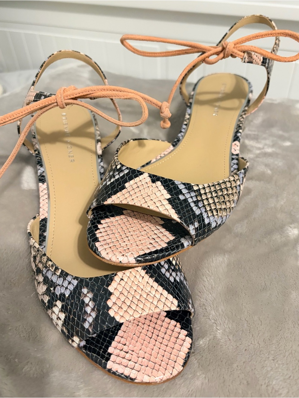 Womens  Ettiene Pink Snake-Print Ankle-Tie Sandals